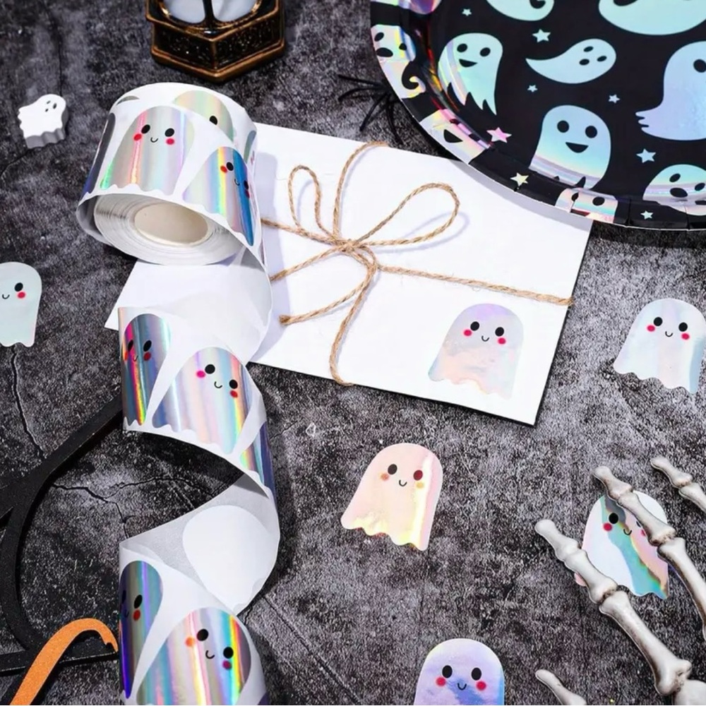 Halloween Holographic Cute Ghost Stickers Roll of 500 - Picture 3 of 5